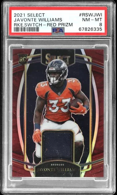 2021 Panini Select Javonte Williams Swatches Red Prizm #RSW-JWI card image