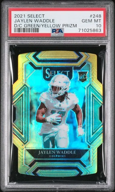 2021 Panini Select Jaylen Waddle Die-Cut Green/Yellow Prizm #248 card image