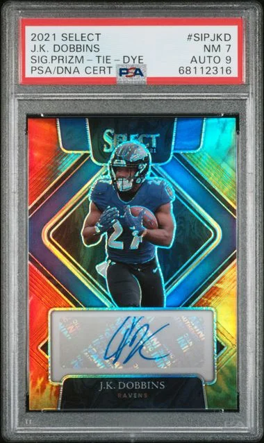2021 Panini Select J.K. Dobbins Signatures Prizm Tie-Dye #SIP-JKD card image