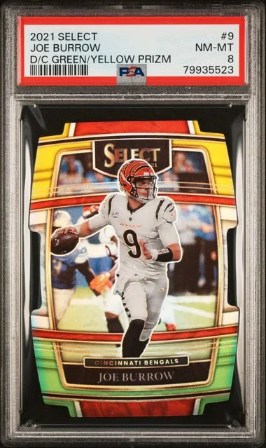 2021 Panini Select Joe Burrow Die-Cut Green/Yellow Prizm #9 card image