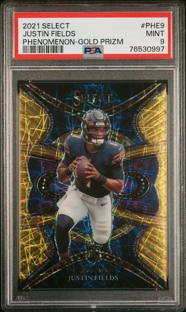2021 Panini Select Justin Fields Phenomenon Gold Prizm #PHE-9 card image