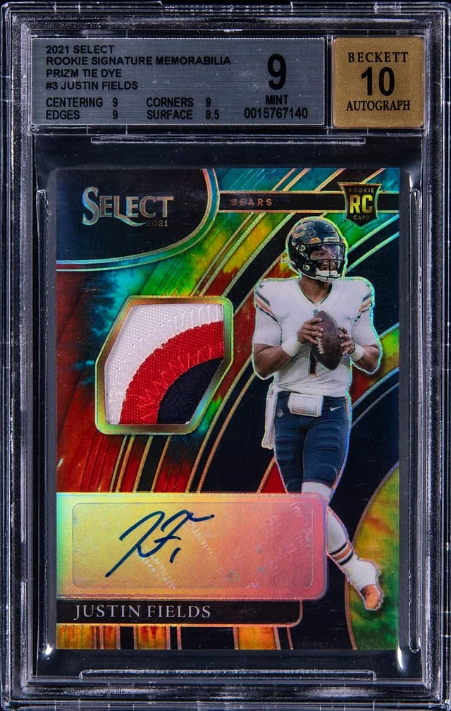2021 Panini Select Justin Fields Signature Memorabilia Tie-Dye Prizm #RSM-JFI card image