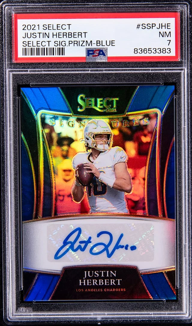 2021 Panini Select Justin Herbert Signatures Prizm Blue #SSP-JHE card image