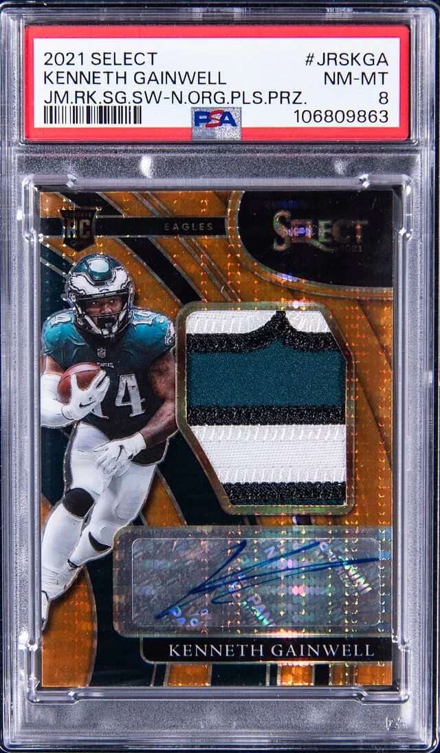 2021 Panini Select Kenneth Gainwell Jumbo Signature Swatch Neon Orange Pulsar Prizm #JRS-KGA card image
