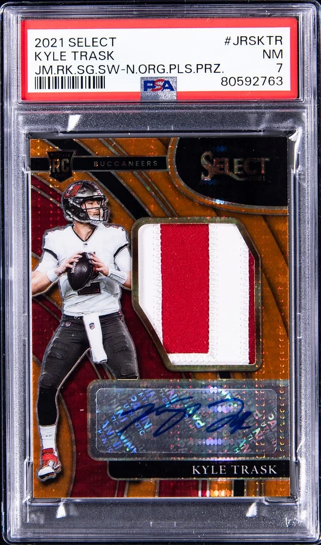 2021 Panini Select Kyle Trask Jumbo Signature Swatch Neon Orange Pulsar Prizm #JRS-KTR card image