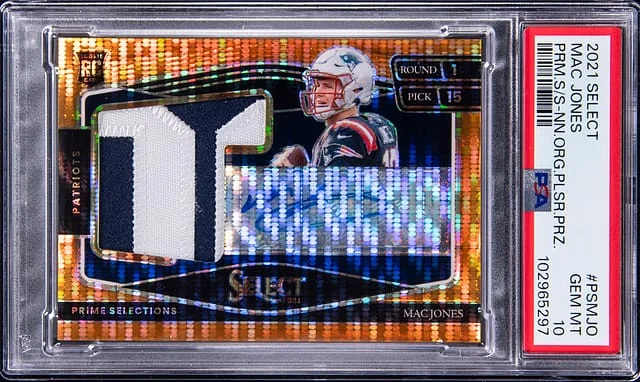 2021 Panini Select Mac Jones Prime Selections Neon Orange Pulsar Prizm Signatures #PS-MJO card image