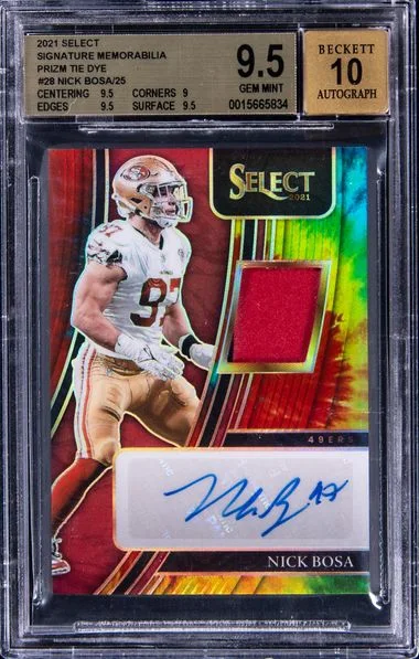 2021 Panini Select Nick Bosa Signature Memorabilia Prizm Tie Dye #28 card image