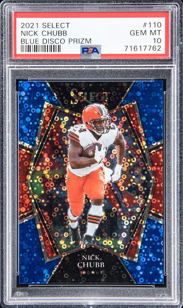 2021 Panini Select Nick Chubb Blue Disco Prizm #110 card image