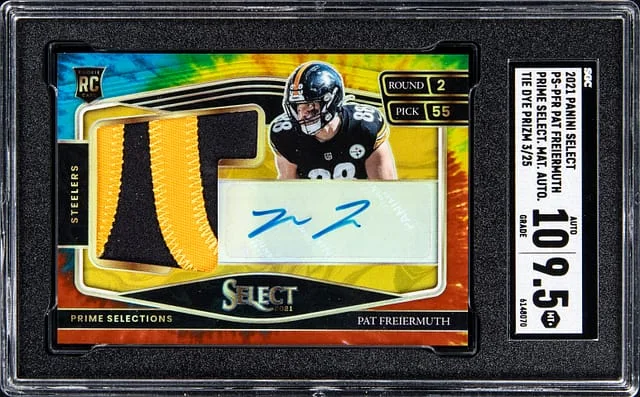2021 Panini Select Pat Freiermuth Prime Selections Materials Autograph Tie Dye Prizm #PS-PFR card image