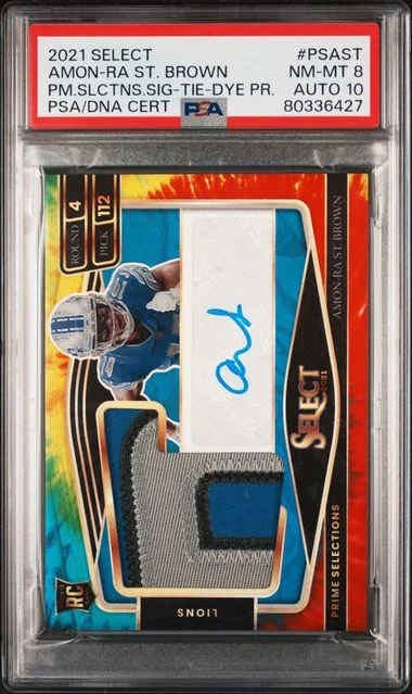 2021 Panini Select Prime Selections Signatures Tie-Dye Prizm Psast Amon-Ra St. Brown #no-number card image