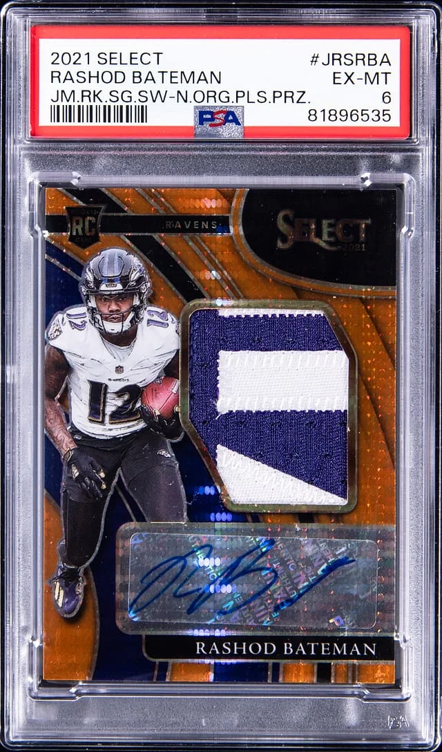 2021 Panini Select Rashod Bateman Jumbo Signature Swatch Neon Orange Pulsar Prizm #JRS-RBA card image