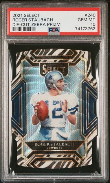2021 Panini Select Roger Staubach Die-Cut Zebra Prizm #240 card image