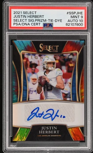2021 Panini Select Select Signatures Prizm Tie-Dye Sspjhe Justin Herbert #no-number card image