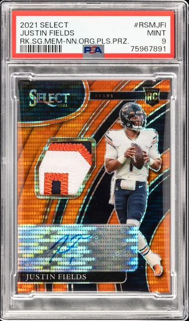 2021 Panini Select Signature Memorabilia Neon Orange Pulsar Prizm Rsmjfi Justin Fields #no-number card image