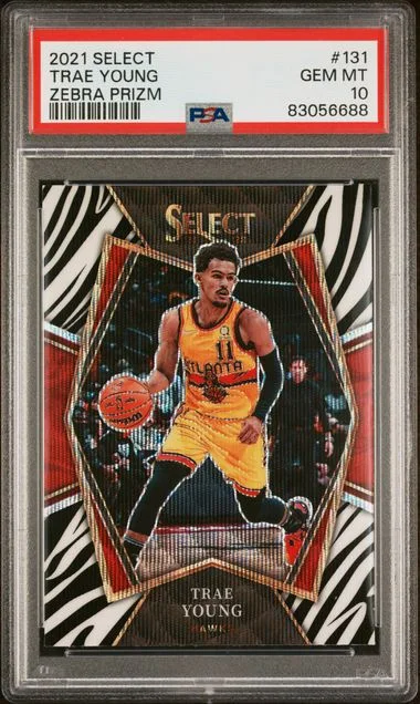 2021 Panini Select Trae Young Zebra Prizm #131 card image