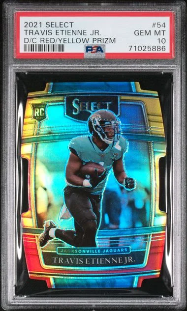 2021 Panini Select Travis Etienne Jr. Die-Cut Red/Yellow Prizm #54 card image