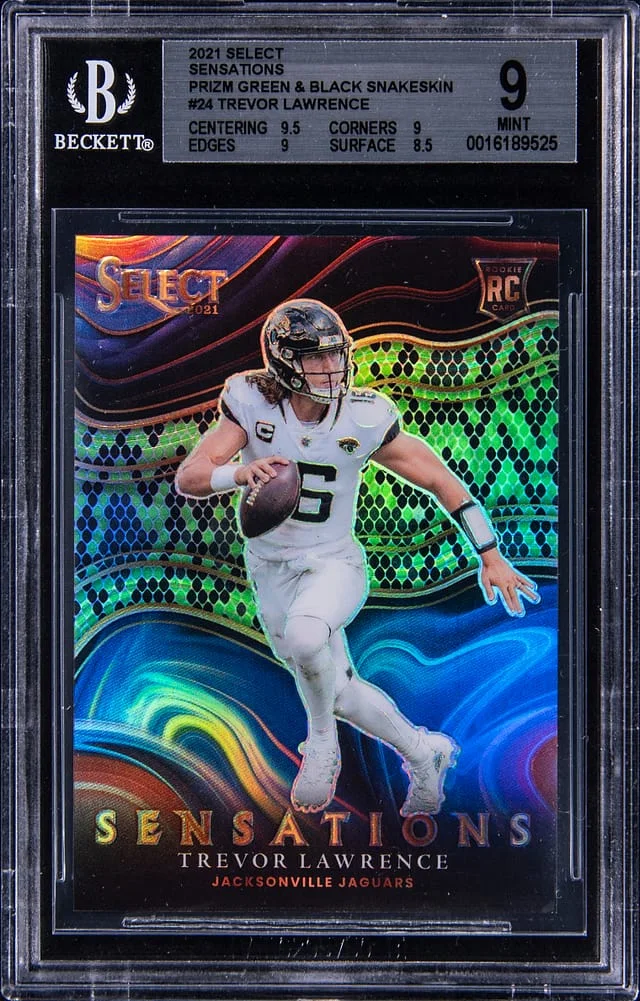 2021 Panini Select Trevor Lawrence Prizm Green and Black Snakeskin Prizm #24 card image