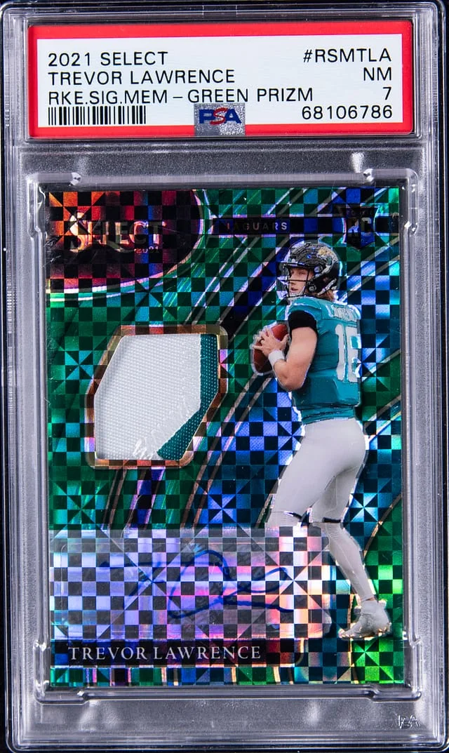 2021 Panini Select Trevor Lawrence Signature Memorabilia Green Prizm #RSMTLA card image