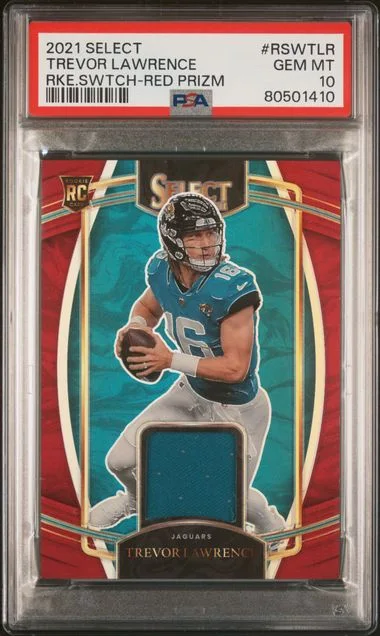 2021 Panini Select Trevor Lawrence Swatches Red Prizm #RSW-TLR card image