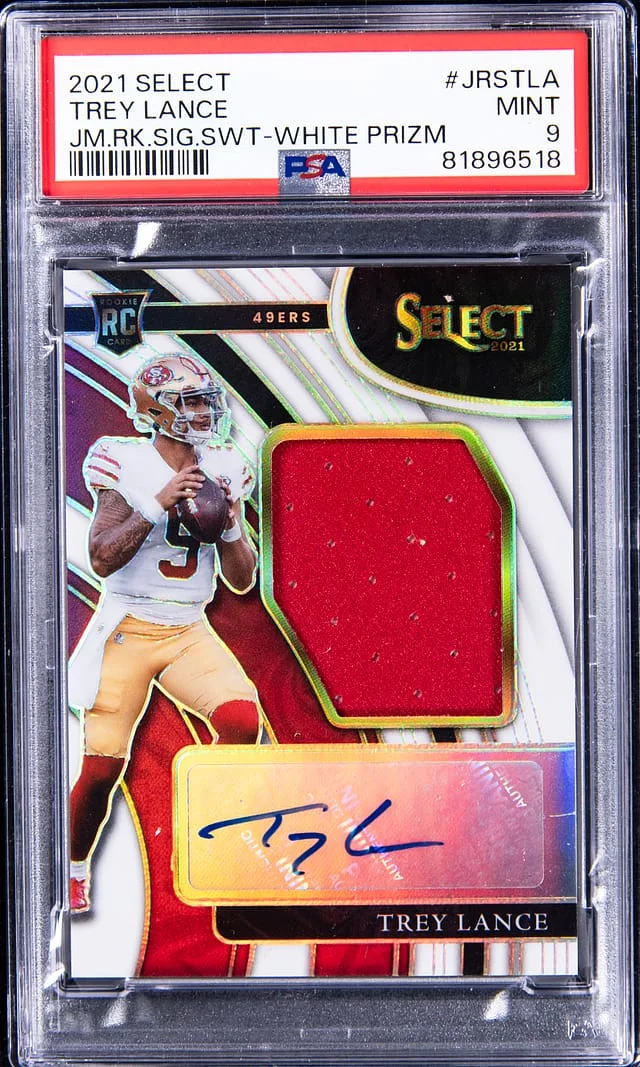 2021 Panini Select Trey Lance Jumbo Signature Swatch White Prizm #JRS-TLA card image