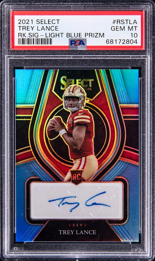 2021 Panini Select Trey Lance Signatures Light Blue Prizm #RSTLA card image