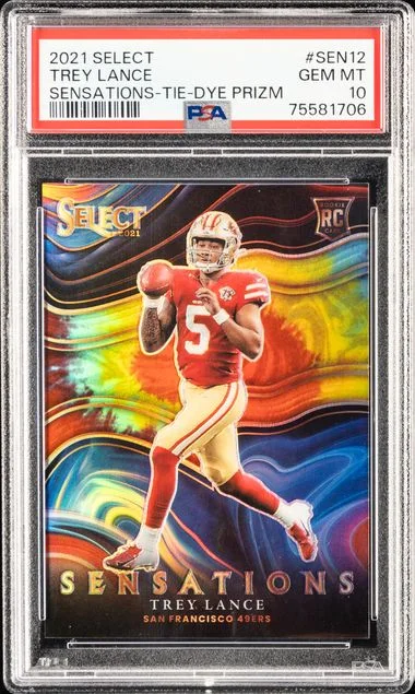 2021 Panini Select Trey Lance Sensations Tie-Dye Prizm #Sen12 card image