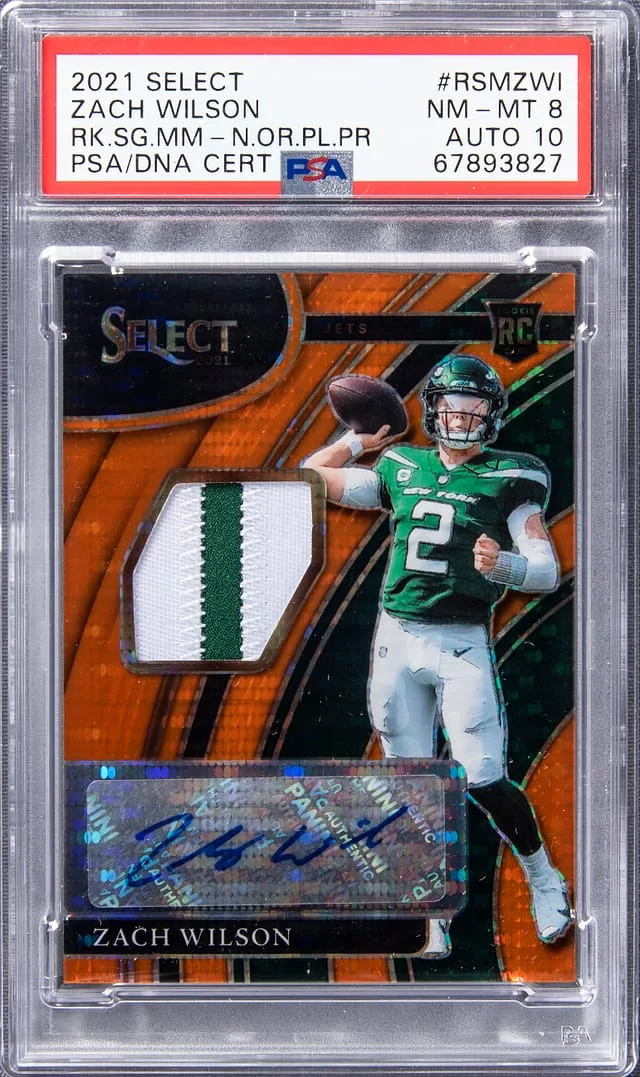 2021 Panini Select Zach Wilson Signature Memorabilia Neon Orange Pulsar #RSM-ZWI card image