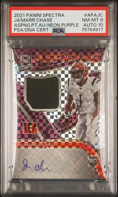 2021 Panini Spectra Ja'Marr Chase Aspiring Patch Autographs Neon Purple #APA-JC card image
