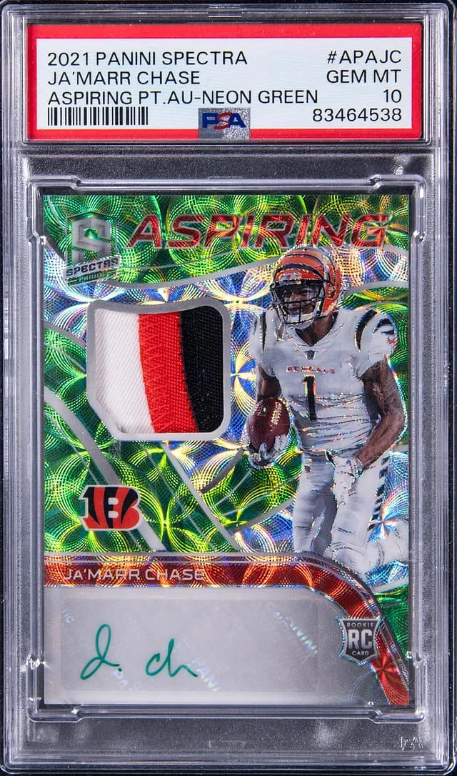 2021 Panini Spectra Ja'Marr Chase Aspiring Patch Autograph Neon Green #APAJC card image