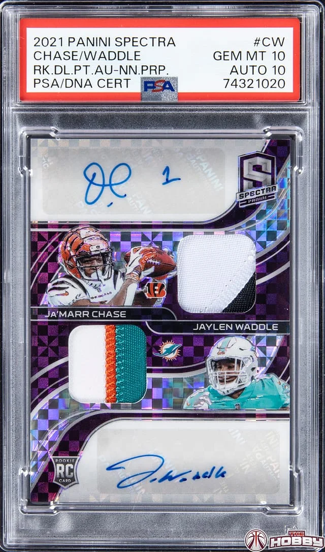 2021 Panini Spectra Ja'Marr Chase/Jaylen Waddle Dual Patch Autographs Neon Purple #RDA-CW card image