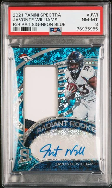 2021 Panini Spectra Javonte Williams Radiant Patch Signatures #JWI card image