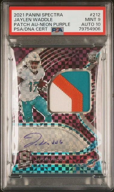 2021 Panini Spectra Jaylen Waddle Patch Autograph Neon Purple #212 card image