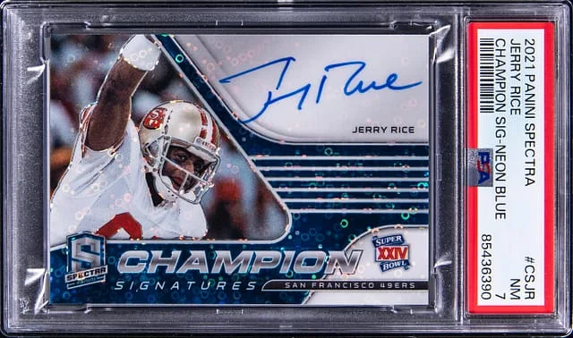 2021 Panini Spectra Jerry Rice Champion Signature Neon Blue #CS-JR card image