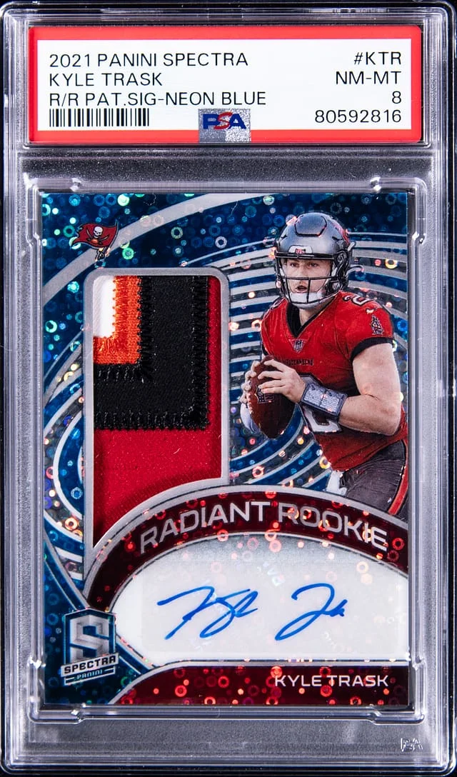 2021 Panini Spectra Kyle Trask Radiant Patch Signature Neon Blue #RRS-KTR card image