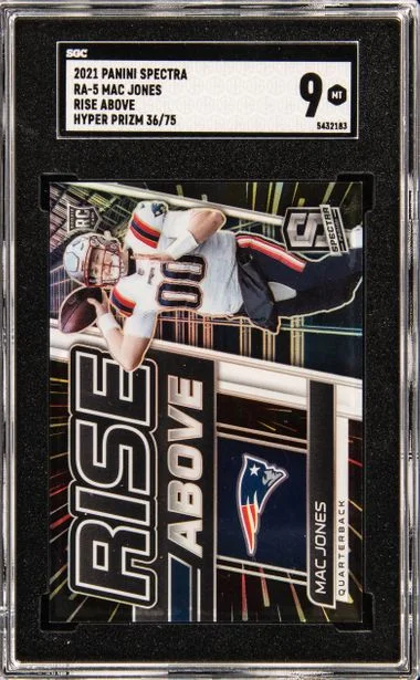 2021 Panini Spectra Mac Jones Rise Above Hyper Prizm #RA-5 card image