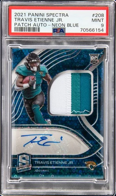 2021 Panini Spectra Travis Etienne Jr. Patch Autograph-Neon Blue #208 card image