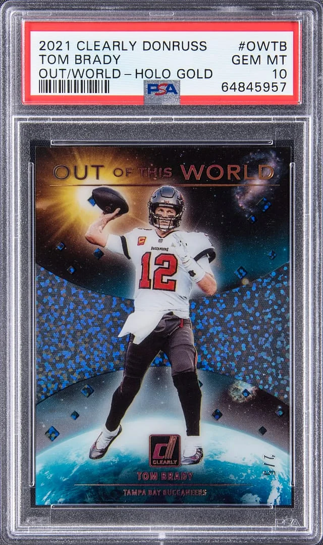 2021 Panini Tom Brady Clearly Donruss Out/World Holo Gold #OWTB card image