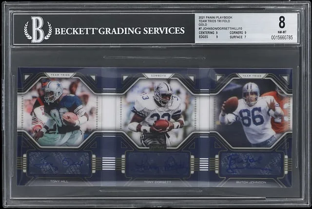 2021 Panini Tony Hill/Tony Dorsett/Butch Johnson Playbook Team Trios Tri Fold Gold #TTR-DAL card image