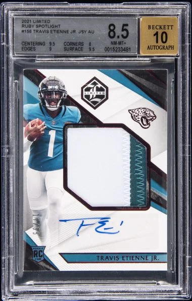 2021 Panini Travis Etienne Jr. Limited Patch Autograph (RPA) Ruby Spotlight #156 card image