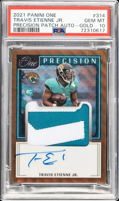 2021 Panini Travis Etienne Jr. One Precision Patch Autograph-Gold #314 card image