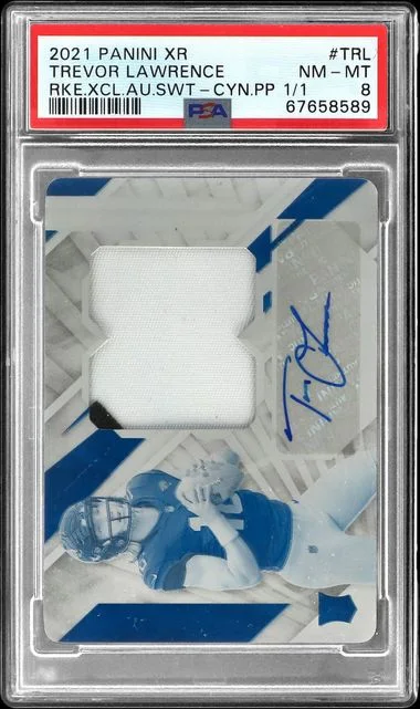 2021 Panini Trevor Lawrence XR Xcellence Autograph Swatches Cyan Printing Plate #RXA-TRL card image