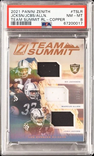 2021 Panini Zenith Team Summit Relics Copper Tslr Bo Jackson/Josh Jacobs/Marcus Allen #no-number card image