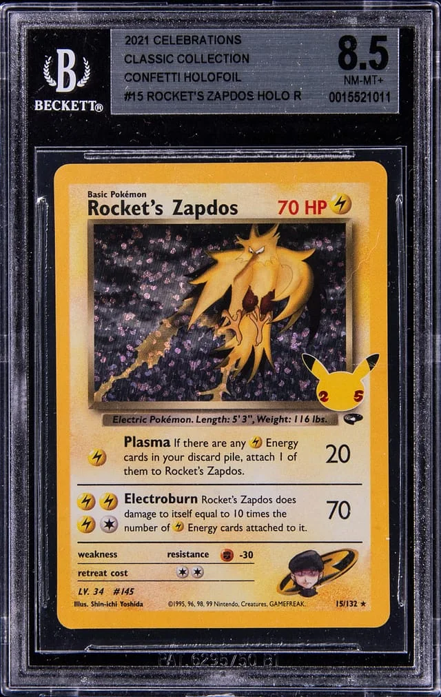 2021 Pokemon Celebrations Classic Collection Confetti Holofoil Holo R Rocket's Zapdos #15 card image