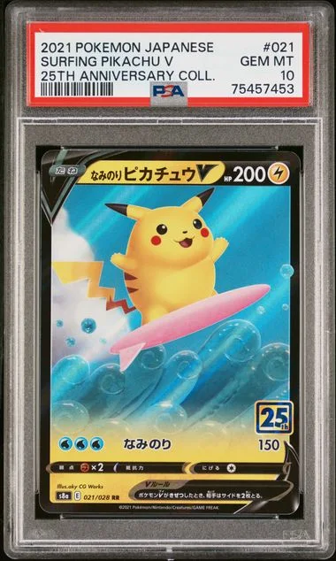 2021 Pokemon Japanese 25th Anniversary Collection Surfing Pikachu V #021 card image
