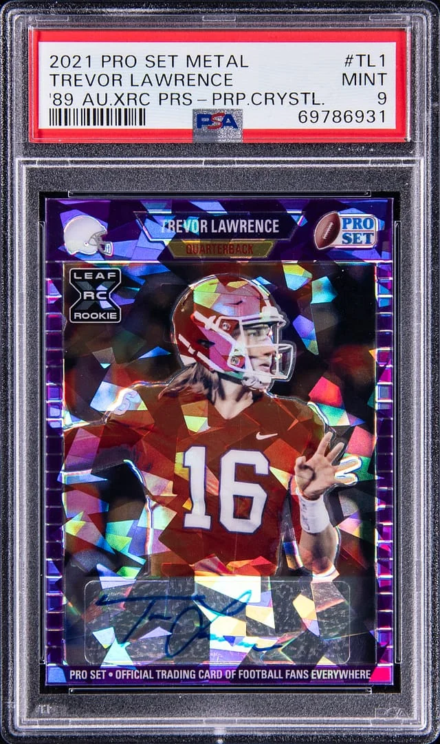 2021 Pro Set Metal 1989 Autographs Xrc Pro Set Prospect Purple Crystals Trevor Lawrence #TL1 card image