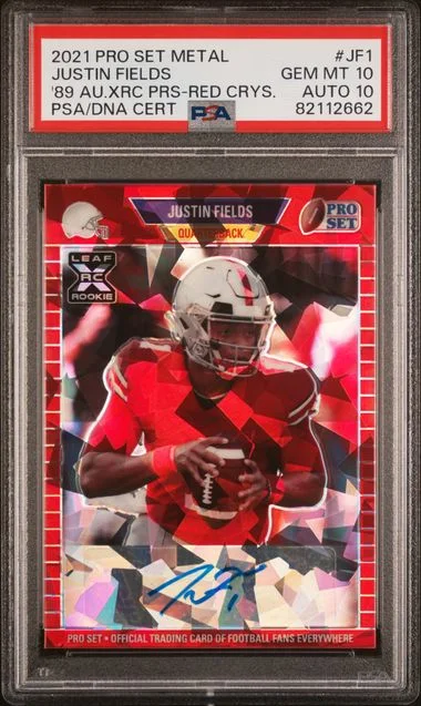 2021 Pro Set Metal 1989 Autographs XRC Pro Set Prospect Red Crystals Justin Fields #JF1 card image