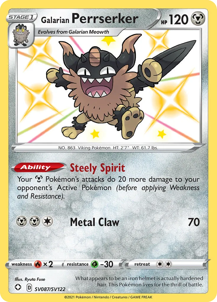 2021 Shining Fates Shiny Vault Galarian Perrserker Rare Shiny #SV087 Rare Shiny card image
