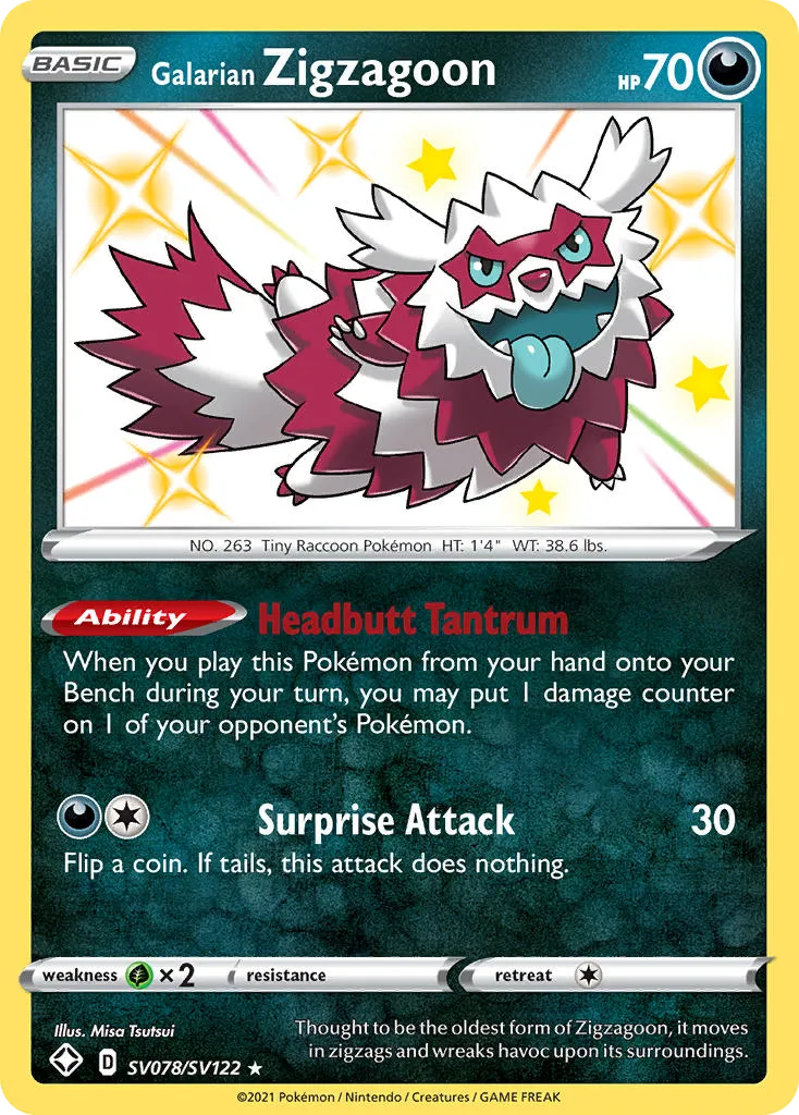 2021 Shining Fates Shiny Vault Galarian Zigzagoon Rare Shiny #SV078 Rare Shiny card image