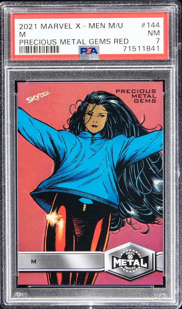 2021 SkyBox M arvel X-en etal Universe Precious etal Ges (PG) Red #144 card image