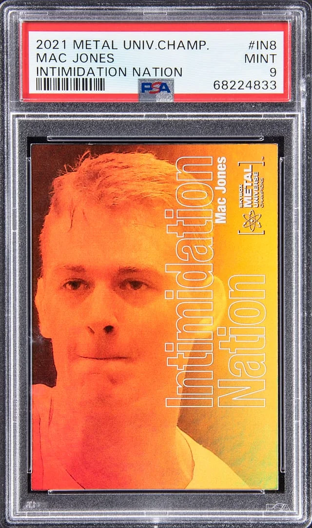 2021 SkyBox Metal Universe Champions Mac Jones Intimidation Nation #IN-8 card image
